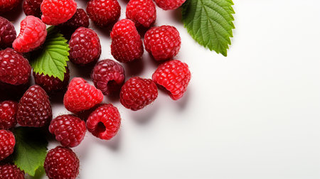 Top View of Fresh Ripe Raspberry on background, Juicy and tasty Fruit, Healthy Food, Copy space for text.の素材