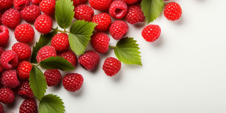 Top View of Fresh Ripe Raspberry on background, Juicy and tasty Fruit, Healthy Food, Copy space for text.の素材