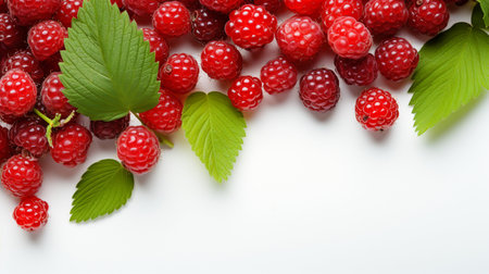 Top View of Fresh Ripe Raspberry on background, Juicy and tasty Fruit, Healthy Food, Copy space for text.の素材