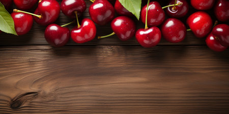 Top View of Fresh Ripe Cherry on background, Juicy and tasty Fruit, Healthy Food, Copy space for text.の素材