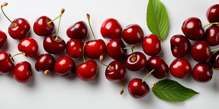 Top View of Fresh Ripe Cherry on background, Juicy and tasty Fruit, Healthy Food, Copy space for text.の素材