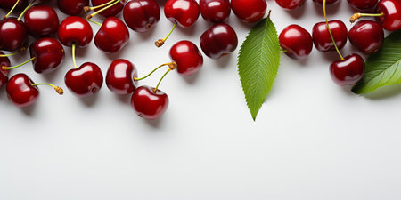 Top View of Fresh Ripe Cherry on background, Juicy and tasty Fruit, Healthy Food, Copy space for text.の素材