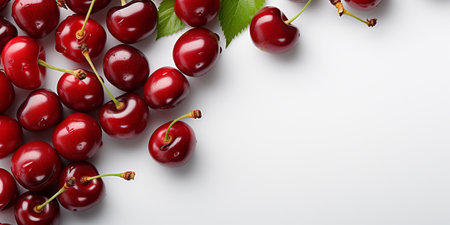 Top View of Fresh Ripe Cherry on background, Juicy and tasty Fruit, Healthy Food, Copy space for text.の素材