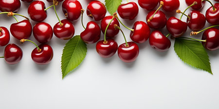 Top View of Fresh Ripe Cherry on background, Juicy and tasty Fruit, Healthy Food, Copy space for text.の素材