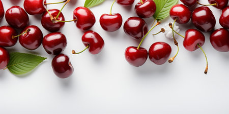 Top View of Fresh Ripe Cherry on background, Juicy and tasty Fruit, Healthy Food, Copy space for text.の素材
