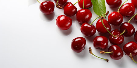 Top View of Fresh Ripe Cherry on background, Juicy and tasty Fruit, Healthy Food, Copy space for text.の素材