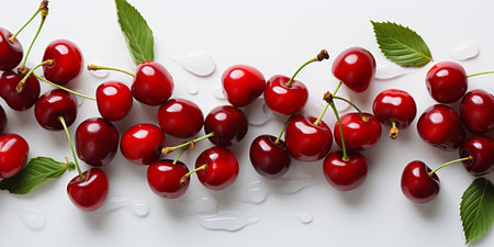Top View of Fresh Ripe Cherry on background, Juicy and tasty Fruit, Healthy Food, Copy space for text.の素材