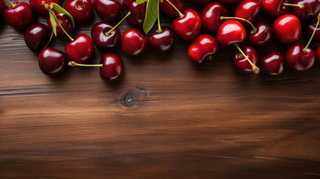 Top View of Fresh Ripe Cherry on background, Juicy and tasty Fruit, Healthy Food, Copy space for text.の素材