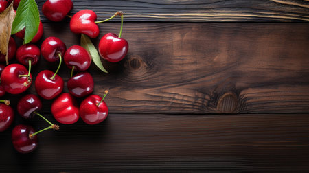 Top View of Fresh Ripe Cherry on background, Juicy and tasty Fruit, Healthy Food, Copy space for text.の素材