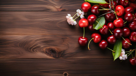 Top View of Fresh Ripe Cherry on background, Juicy and tasty Fruit, Healthy Food, Copy space for text.の素材