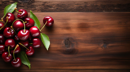 Top View of Fresh Ripe Cherry on background, Juicy and tasty Fruit, Healthy Food, Copy space for text.の素材