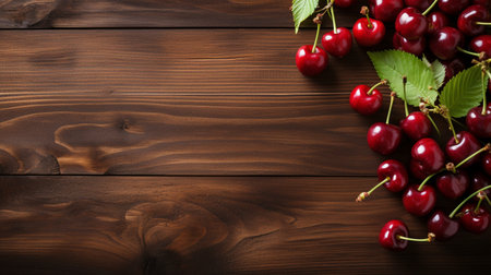 Top View of Fresh Ripe Cherry on background, Juicy and tasty Fruit, Healthy Food, Copy space for text.の素材