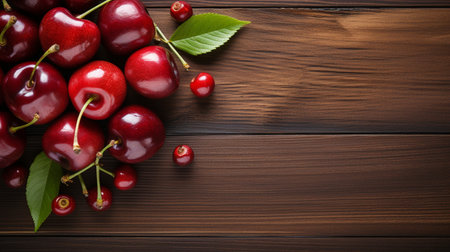 Top View of Fresh Ripe Cherry on background, Juicy and tasty Fruit, Healthy Food, Copy space for text.の素材