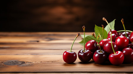 Top View of Fresh Ripe Cherry on background, Juicy and tasty Fruit, Healthy Food, Copy space for text.の素材