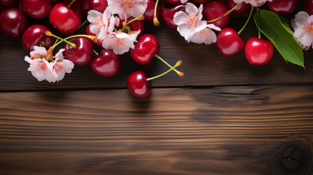 Top View of Fresh Ripe Cherry on background, Juicy and tasty Fruit, Healthy Food, Copy space for text.の素材