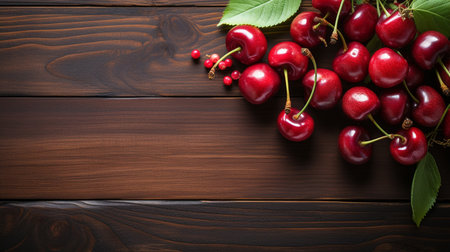 Top View of Fresh Ripe Cherry on background, Juicy and tasty Fruit, Healthy Food, Copy space for text.の素材