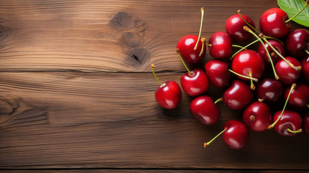 Top View of Fresh Ripe Cherry on background, Juicy and tasty Fruit, Healthy Food, Copy space for text.の素材