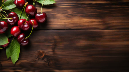 Top View of Fresh Ripe Cherry on background, Juicy and tasty Fruit, Healthy Food, Copy space for text.の素材