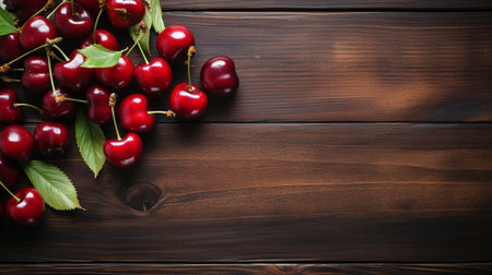 Top View of Fresh Ripe Cherry on background, Juicy and tasty Fruit, Healthy Food, Copy space for text.の素材