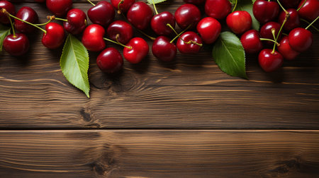 Top View of Fresh Ripe Cherry on background, Juicy and tasty Fruit, Healthy Food, Copy space for text.の素材