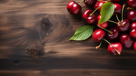 Top View of Fresh Ripe Cherry on background, Juicy and tasty Fruit, Healthy Food, Copy space for text.の素材