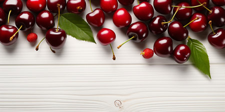 Top View of Fresh Ripe Cherry on background, Juicy and tasty Fruit, Healthy Food, Copy space for text.の素材