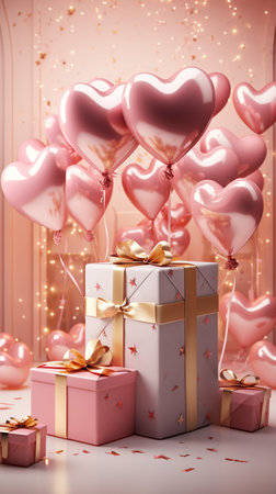 Gift box and balloon background, Symbol of Love, Festive Element, Happy Valentine's day, advertising material, Copy space.の素材