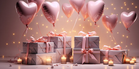 Gift box and balloon background, Symbol of Love, Festive Element, Happy Valentine's day, advertising material, Copy space.の素材