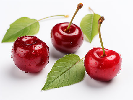 Fresh Ripe Cherry on white background, Juicy and tasty Fruit, Healthy Food.の素材