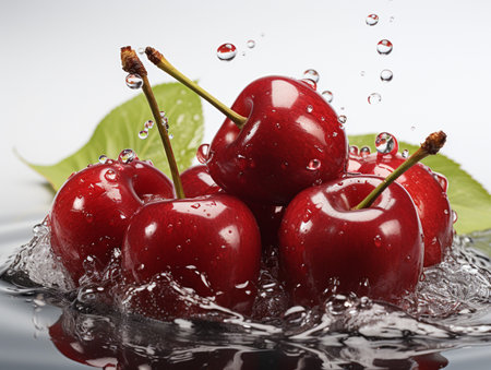 Fresh Ripe Cherry with Splash effect, Juicy and tasty Fruit, Healthy Food.の素材