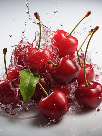 Fresh Ripe Cherry with Splash effect, Juicy and tasty Fruit, Healthy Food.の素材