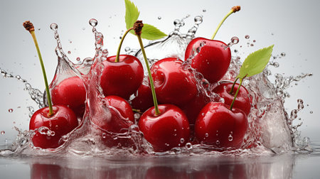 Fresh Ripe Cherry with Splash effect, Juicy and tasty Fruit, Healthy Food.の素材