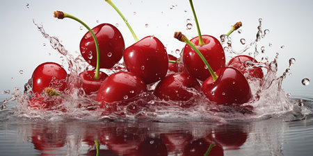 Fresh Ripe Cherry with Splash effect, Juicy and tasty Fruit, Healthy Food.の素材