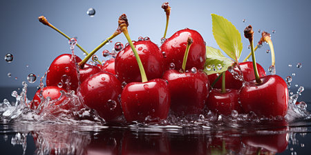 Fresh Ripe Cherry with Splash effect, Juicy and tasty Fruit, Healthy Food.の素材