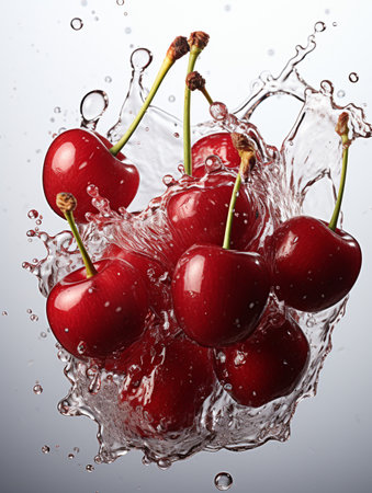Fresh Ripe Cherry with Splash effect, Juicy and tasty Fruit, Healthy Food.の素材