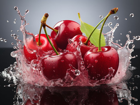 Fresh Ripe Cherry with Splash effect, Juicy and tasty Fruit, Healthy Food.の素材