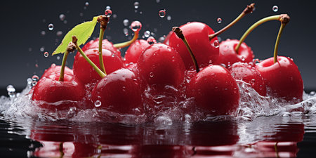 Fresh Ripe Cherry with Splash effect, Juicy and tasty Fruit, Healthy Food.の素材