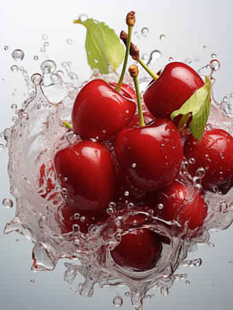 Fresh Ripe Cherry with Splash effect, Juicy and tasty Fruit, Healthy Food.の素材