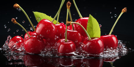 Fresh Ripe Cherry with Splash effect, Juicy and tasty Fruit, Healthy Food.の素材