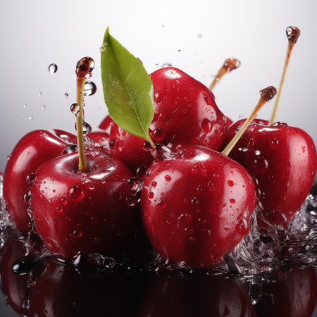 Fresh Ripe Cherry with Splash effect, Juicy and tasty Fruit, Healthy Food.の素材
