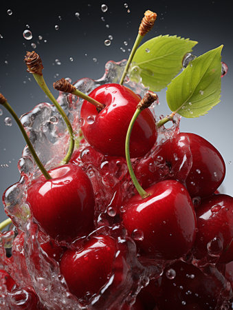 Fresh Ripe Cherry with Splash effect, Juicy and tasty Fruit, Healthy Food.の素材