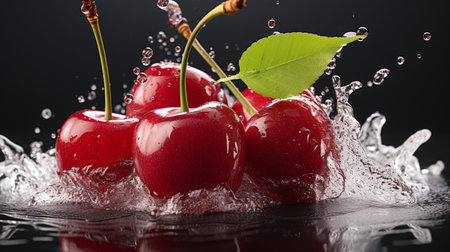 Fresh Ripe Cherry with Splash effect, Juicy and tasty Fruit, Healthy Food.の素材