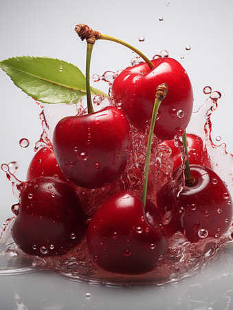 Fresh Ripe Cherry with Splash effect, Juicy and tasty Fruit, Healthy Food.の素材