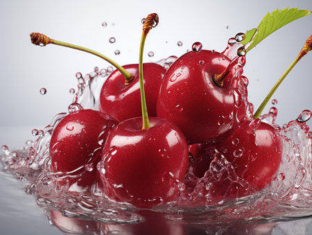 Fresh Ripe Cherry with Splash effect, Juicy and tasty Fruit, Healthy Food.の素材
