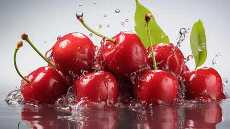 Fresh Ripe Cherry with Splash effect, Juicy and tasty Fruit, Healthy Food.の素材