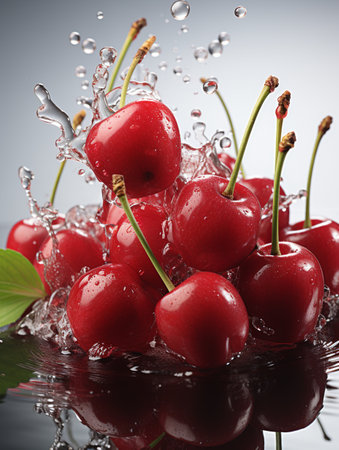 Fresh Ripe Cherry with Splash effect, Juicy and tasty Fruit, Healthy Food.の素材