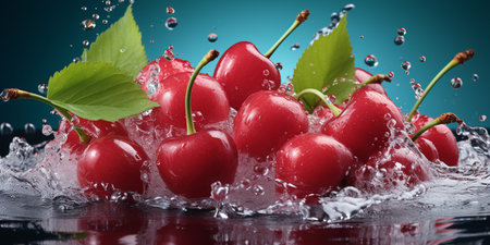 Fresh Ripe Cherry with Splash effect, Juicy and tasty Fruit, Healthy Food.の素材