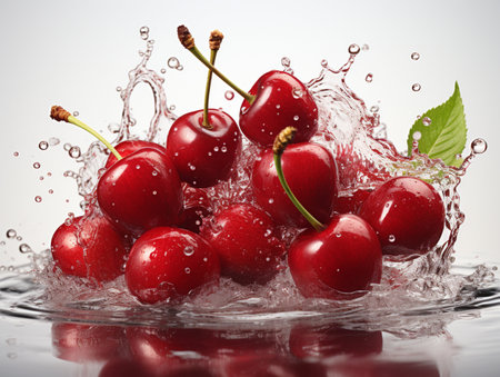 Fresh Ripe Cherry with Splash effect, Juicy and tasty Fruit, Healthy Food.の素材