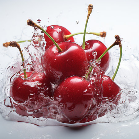 Fresh Ripe Cherry with Splash effect, Juicy and tasty Fruit, Healthy Food.の素材