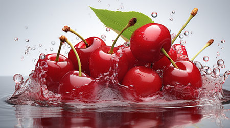 Fresh Ripe Cherry with Splash effect, Juicy and tasty Fruit, Healthy Food.の素材